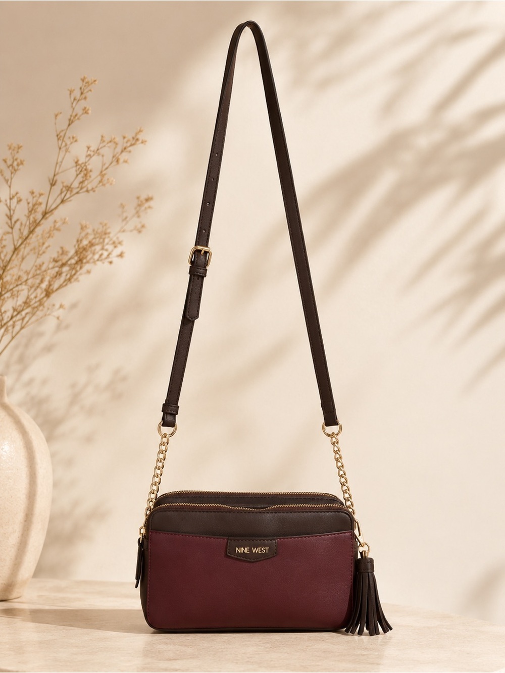 Nine West Burgundy Camera Crossbody Bag Tassel Double Zip Organizer Purse